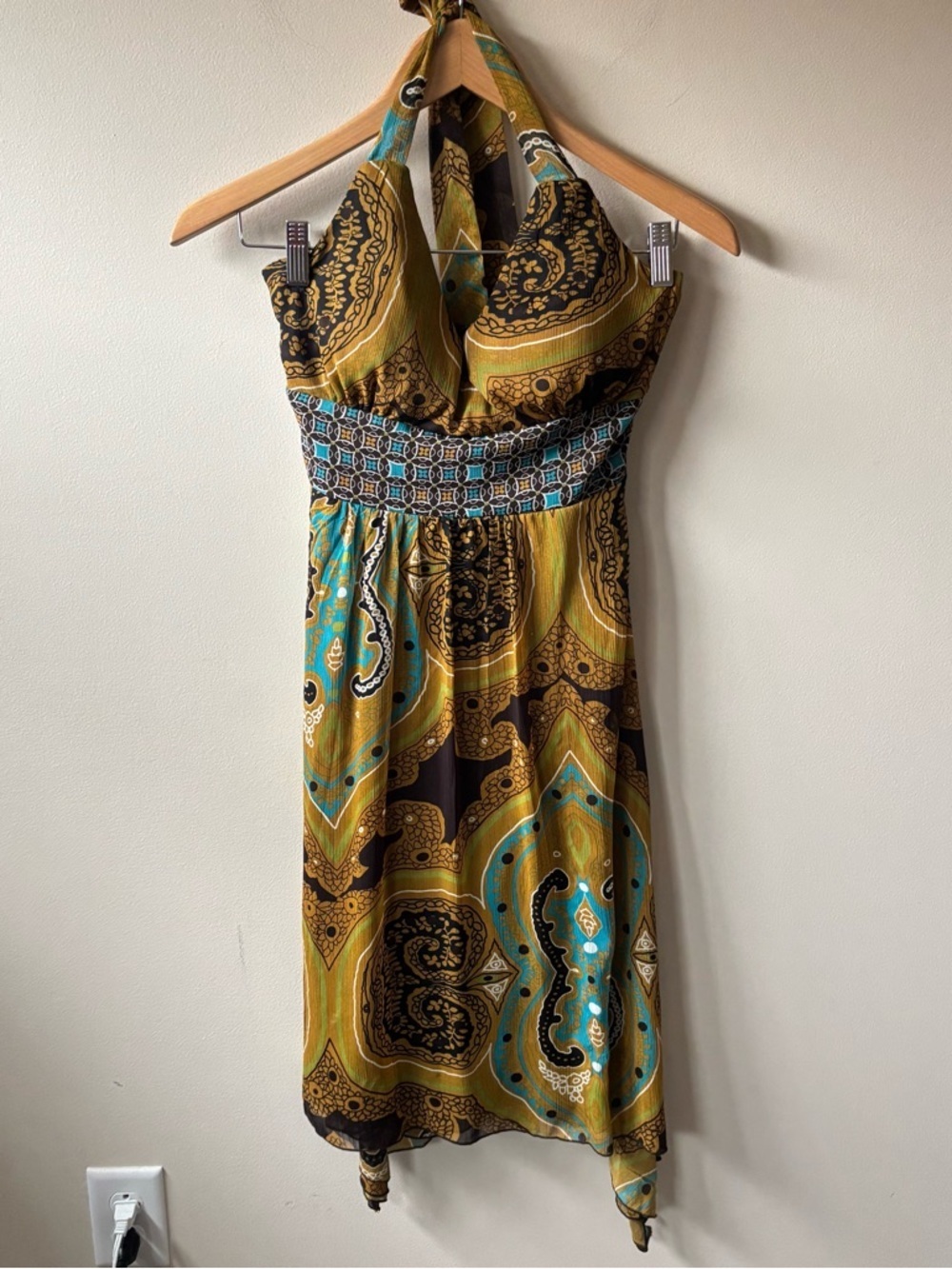 Studio Y Halter Midi Dress in Mustard, Teal, and Black